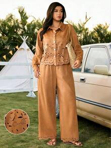 SHEIN LUNE Plus Size Brown Suede Fleece Floral Embroidered Shirt Jacket & Straight Leg Pants 2 Piece Set,Winter Boho Vacation Holiday Western Cowboy Outfit - Brown - View 8