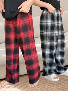 SHEIN 2件套男童休闲格子宽松直筒裤，舒适家居服/睡衣，2种款式 - 彩色 - 查看 1