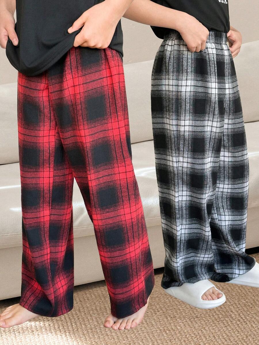 SHEIN 2件套男童休闲格子宽松直筒裤，舒适家居服/睡衣，2种款式 - 彩色 - 查看 1