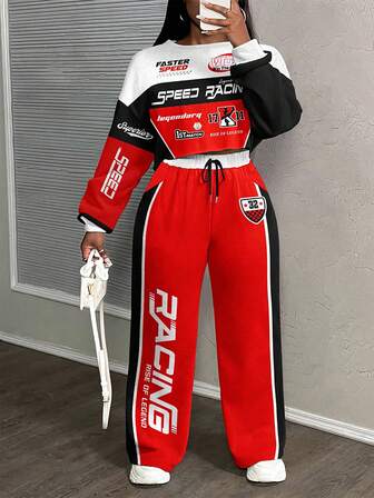 Slaydiva Plus Size Street Style 2 Pieces Set, Racing Pattern Sweatshirt And Bottoms, College Style Outfit For Autumn/Winter