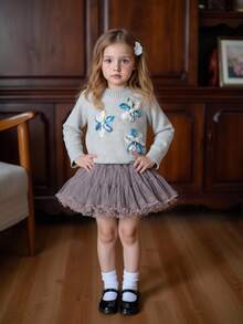 Sparklyn Young Girl Floral Applique Decor Round Neck Long Sleeve Casual Sweater, Autumn/Winter Girls Sweater Dress Little Girl Floral Long Sleeve Party Dress Girl Clothes Autumn And Winter Clothes Autumn And Winter Young Girls Dressse Girl S Spring And Autumn Dress - Grey - View 7