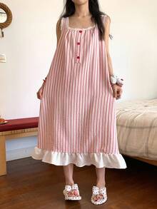 DAZY Striped Ruffle Trim Adjustable Strap Midi Nightgown For Women - Red - View 4