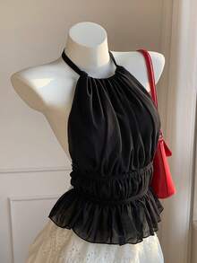 SHEIN EZwear Summer Casual Black Pleated Drawstring Backless Tank Top For Women, For Going Out