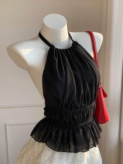 SHEIN EZwear Summer Casual Black Pleated Drawstring Backless Tank Top For Women, For Going Out