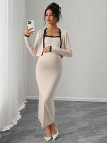 Momance 2pcs Maternity Outfit: Contrast Color Minimalist Casual Sleeveless Dress & Long Sleeve Jacket Set - Apricot - View 6