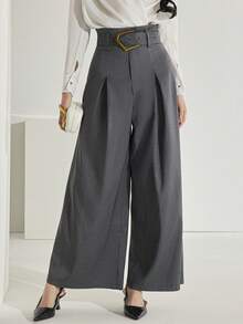 Heiryn 女士金属扣休闲阔腿裤 - 灰色 - 查看 3
