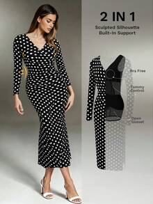 Nuvra Women's Long Sleeve Polka Dot Double Layer Shapewear Dress With Lining, Waist Cinching, Butt Lifting, Mid-Length Bodycon Dress - Black and White - View 1