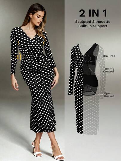 Nuvra 女士长袖波点双层塑身连衣裙，带衬里，收腰提臀，中长款紧身连衣裙