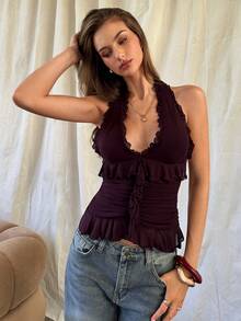 Aloruh Romantic Date/Vacation Ruffle V-Neck Sleeveless Knit Tank Top, Solid Purple Color, Casual & Work Appropriate Y2K Style - Purple - View 5