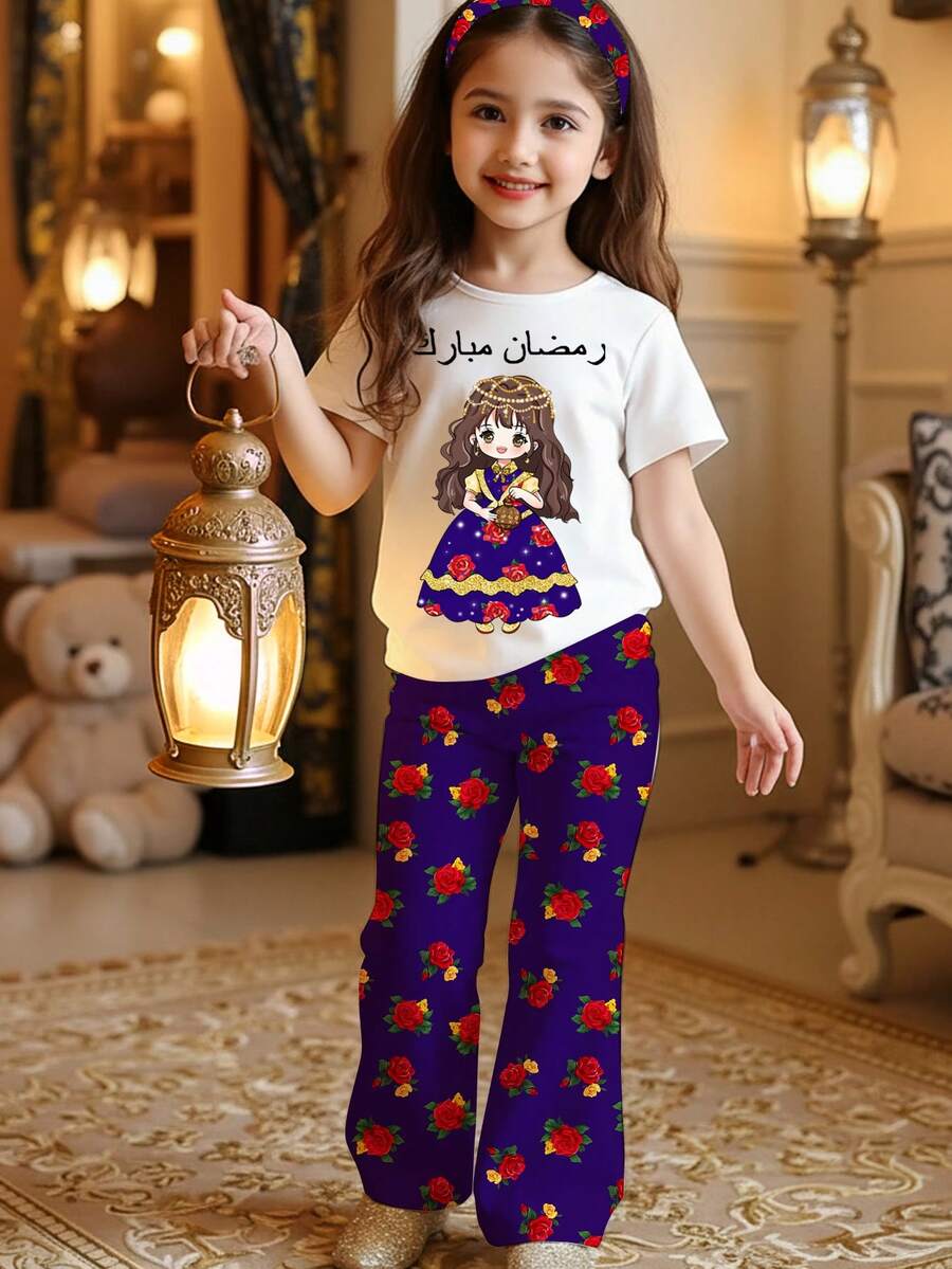 SHEIN رمضان طقم مكون من قطعتين، لباس علوي قصيرة الأكمام برقبة دائرية وطبعة زهور كلاسيكية، مناسب لفصل الصيف - متعدد الألوان - مشاهدة 1