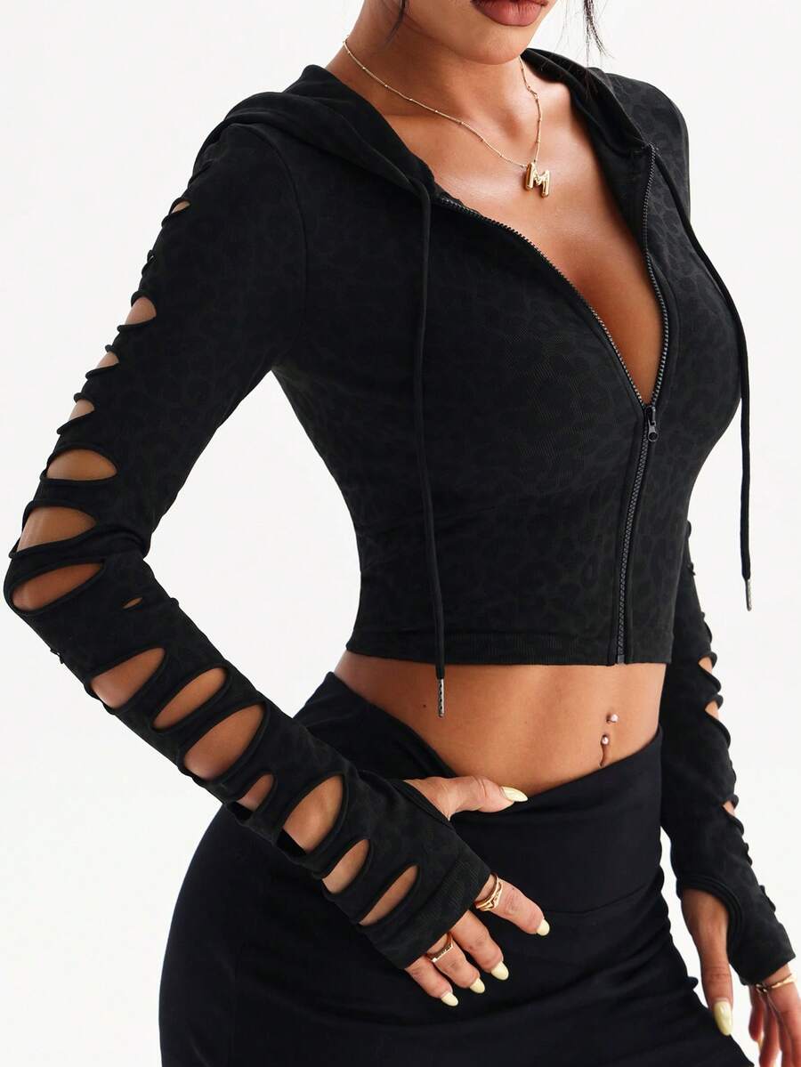 Slayform 1件装女士无缝性感豹纹连帽拇指孔长袖外套卫衣，适合跑步、健身、瑜伽、锻炼 - 黑色 - 查看 1