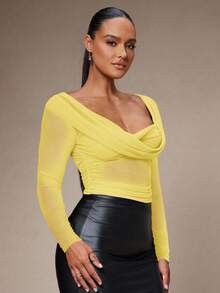 Silquee Women's Solid Color Twist Knot Design Long Sleeve Pleated Fashionable Blouse - Yellow - View 5