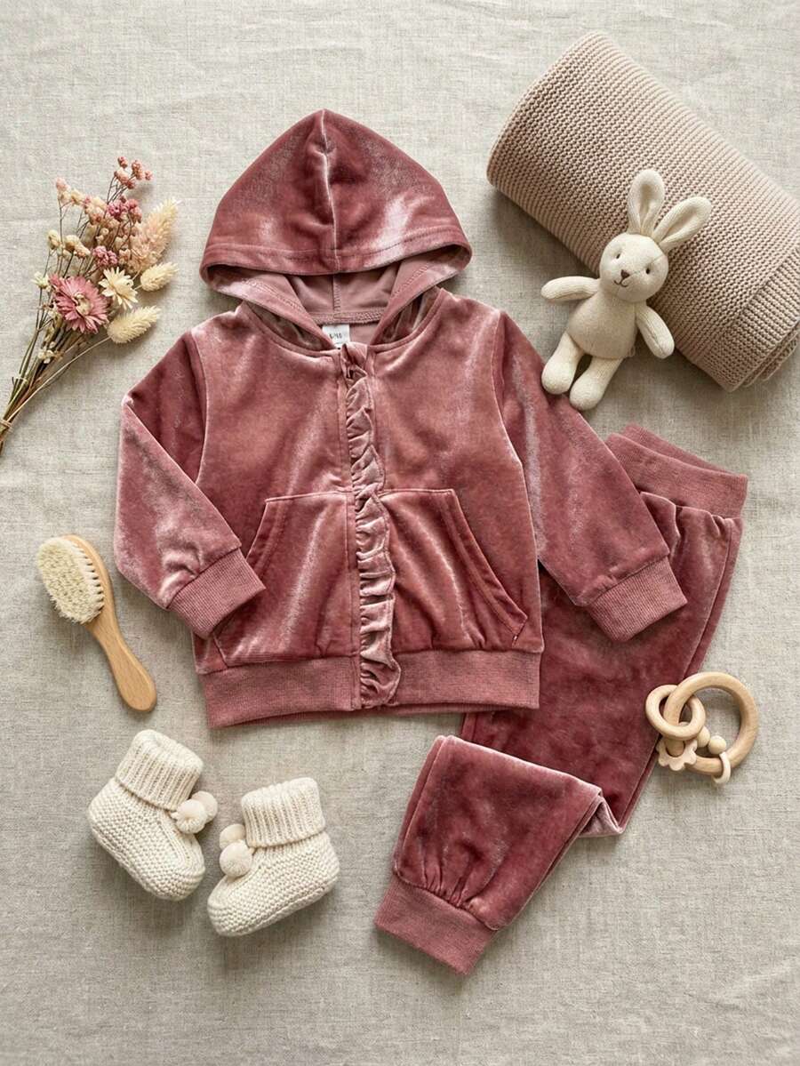 SHEIN Playful Pals 2pcs Baby Girl Fashionable Casual Cute Pink Velvet Long Sleeve Hooded Jacket With Pockets & Ruffle Trim, Paired With Pants Set, Suitable For Spring & Autumn School/Daily Wear,Christmas Pajamas - Pink - View 1