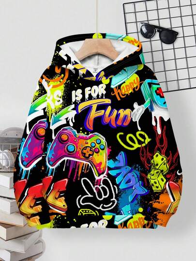 SHEIN Teen Boy Casual Minimalist Style Graffiti Handpainted Cartoon Game Console English Letter Sports Street Style Y2K Drop Shoulder Sweatshirt, Suitable For Autumn/Winter Fall