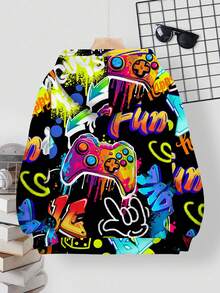 SHEIN Teen Boy Casual Minimalist Style Graffiti Handpainted Cartoon Game Console English Letter Sports Street Style Y2K Drop Shoulder Sweatshirt, Suitable For Autumn/Winter Fall - Multicolor - View 2