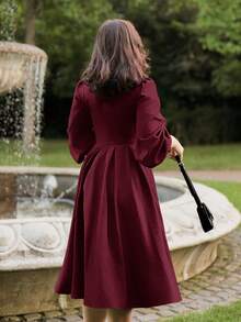 Vintamour 复古优雅女士连衣裙，带口袋和扭结细节，长袖，休闲通勤，适合度假、冬季穿着，也可作为女士冬季连衣裙、圣诞服装、圣诞套装、新年服装、感恩节套装、优雅连衣裙等。 - 酒紅色 - 查看 8