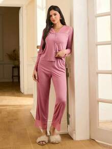 Moireta Elegant Lace Patchwork V-Neck Open Front Cotton Women Pajama Set, Suitable For Valentine's Day - Dusty Pink - View 3