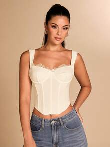 SHEIN BAE Elegant Solid Color Lace Patchwork Underwire Bralette - Apricot - View 6