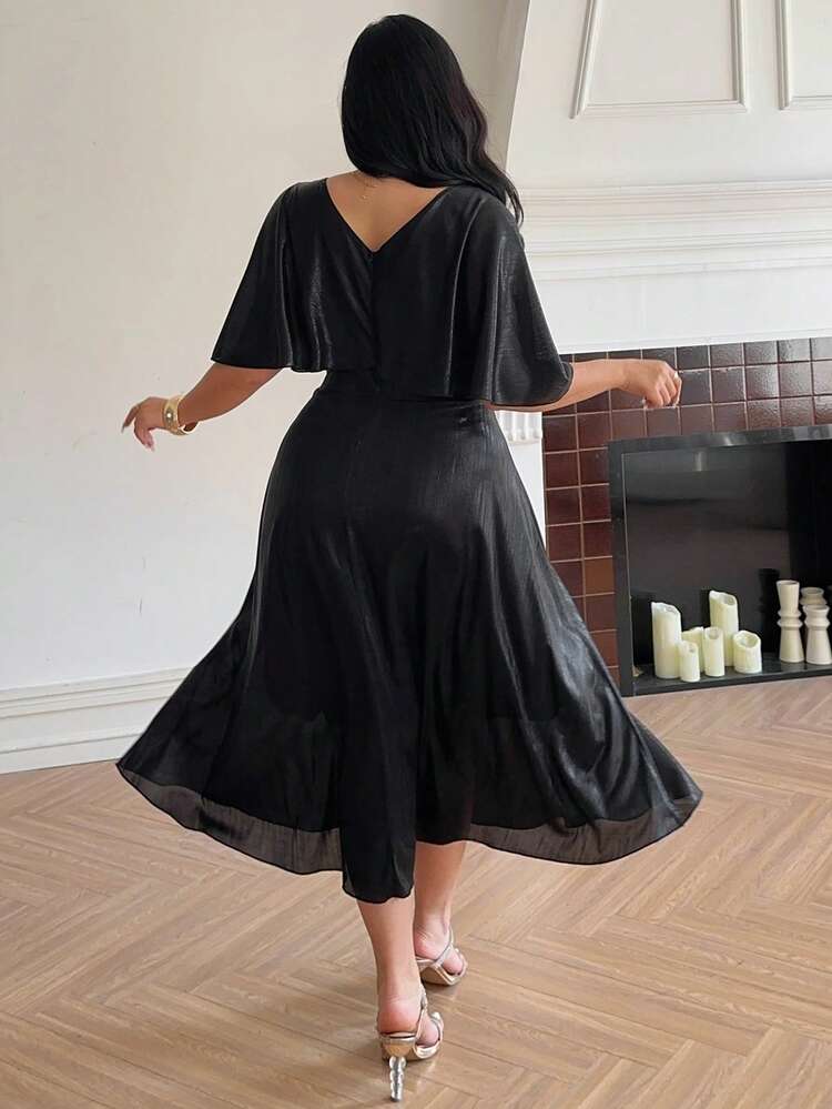 Dazy Plus Plus Size Women Solid Color Round Neck Poncho Style Sequin Waist Dress Maxi Dress Sundress
