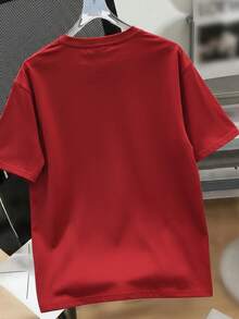 Camiseta de manga corta con cuello redondo, adornada con estampado, para ropa de Año Nuevo, camisetas gráficas para mujeres - Rojo - Ver 2