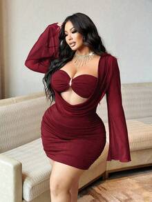 NU&NOW Plus Size Women's Bodycon Dress, Sexy Sheer Mesh Bell Sleeve Metal Buckle Party Dress, Suitable For Autumn/Winter/Summer - Burgundy - View 7