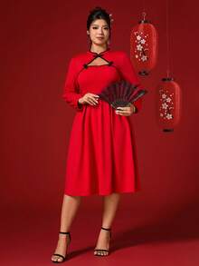 Elenzga Plus Size Women's Chinese Style Button Collar, Ruched A-Line Hem Solid Color Dress, December Edition - Red - View 5