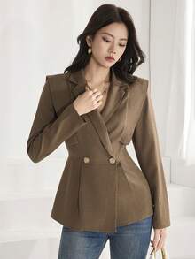 Heiryn Blazer elegante de mujer con cierre de botón de metal para ir al trabajo - Marrón - Ver 3