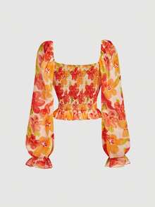 SHEIN MOD Áo sơ mi nữ màu cam họa tiết hoa, tay phồng, thắt nơ phía trước, thích hợp cho mùa xuân/hè, lễ tình nhân, thanh lịch, trang phục nghỉ dưỡng, họa tiết hoa, mùa hè cho nữ, mùa xuân, kỳ nghỉ hè, áo hoa, áo hoa màu cam, áo kiểu nữ thanh lịch bằng vải chiffon mềm mại, cổ tim họa tiết hoa, tay phồng, áo dài tay họa tiết hoa, áo kiểu màu cam, màu sắc hoàng hôn, kỳ nghỉ, áo kiểu Tequila Sunrise, phong cách Cottagecore, trang phục nghỉ dưỡng, tiệc trà, lễ tốt nghiệp. - Nhiều màu - Xem 3