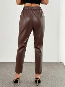 SHEIN PETITE Women's Solid Color Pocket PU Leather Seam Front Pants Brown Leather Pants Brown Pants For Women Leather Pants For Women Business Casual Woman Pants Going Out Outfit Autumn Clothes Fall Clothes Brown Pants Women's Autumn Winter Pants - Brown - View 3