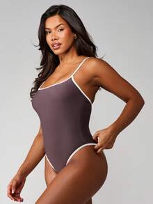 MISSGUIDED Contrast Binding One Piece Scoop Neck Spaghetti Strap Full Coverage Swimsuit High Rise Bottom With White Piping Detail Summer Beach Pool Vacation - Brown - View 3
