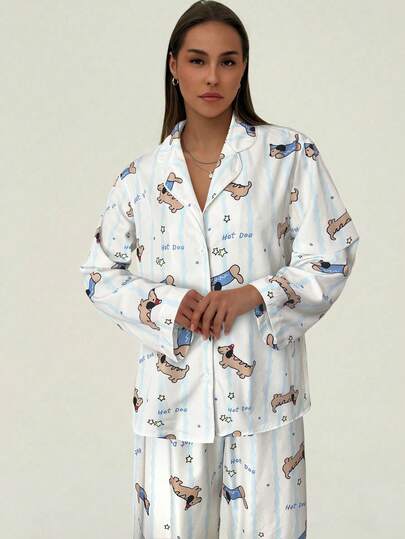 Aloruh 2pcs Women Cartoon Print Long Sleeve Top And Pants Set