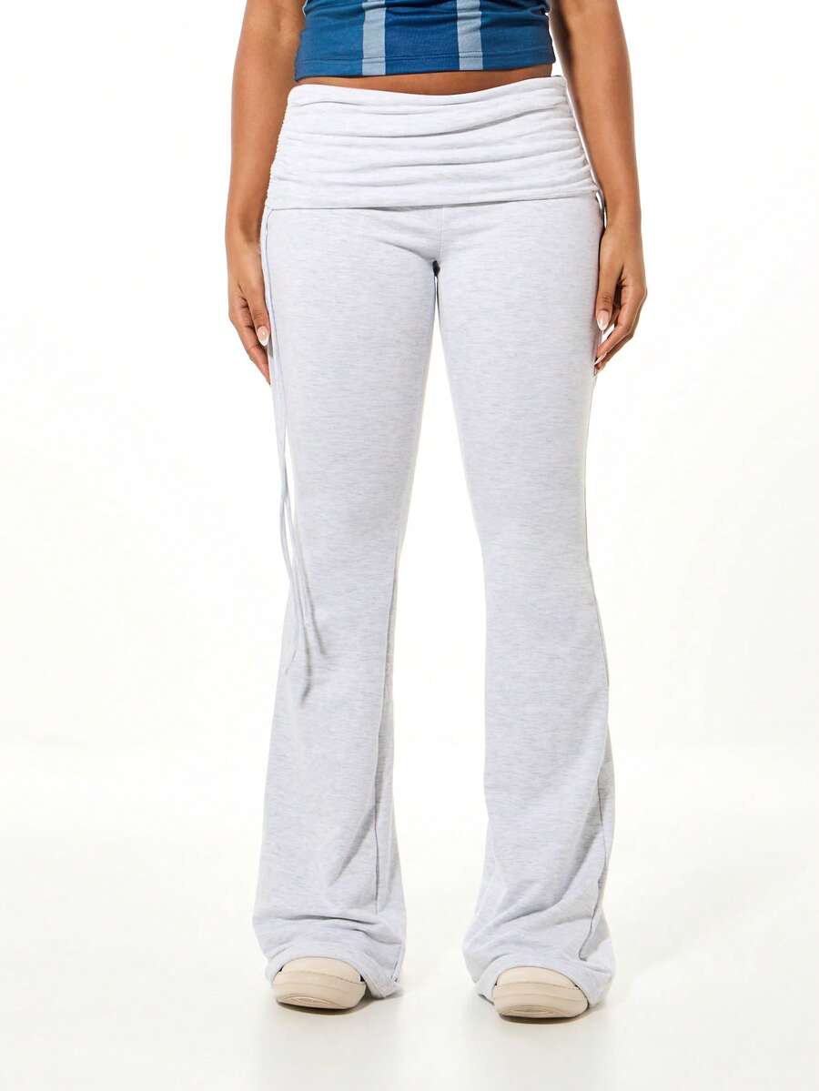 SUMWON WOMEN 舒适翻折腰带运动裤休闲家居裤宽松阔腿裤日常穿着 - 灰色 - 查看 1