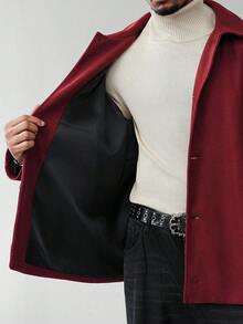 Manfinity Homme 男士纯色插肩袖单排扣休闲羊毛混纺夹克，秋冬男士外套，男士夹克，羊毛夹克，男士衬衫式外套，男士外衣 - 紅色 - 查看 5