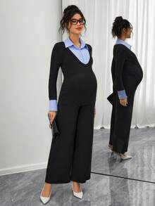 Momance 孕妇条纹衬衫领拼接长袖上衣搭配可调节腰围阔腿裤休闲通勤套装 - 黑色 - 查看 5