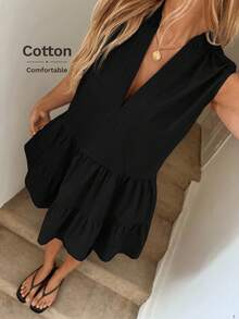 Easowa Sleeveless Stand Collar Pleated Hem A-Line Dress With Pockets, Casual Holiday Elegant Streetwear Mini Dress For Women,Dresses For Women Summer - Black - View 2