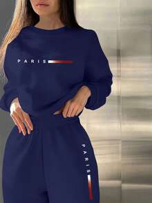 SHEIN BamGlam 巴黎简约数码印花正面休闲舒适百搭街头女式羊毛运动衫和裤子套装 - 藏蓝色 - 查看 4