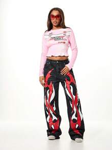 SUMWON WOMEN Tokyo Drift Japanese Racing Motocross Long Sleeve Crop Top With Shirred Elastic Waist Detail - Pink - View 5