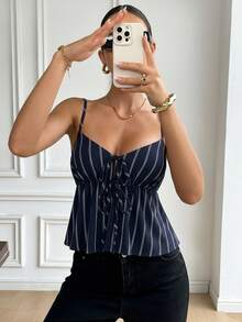Serisse 女士时尚性感条纹印花系带吊带背心 - 寶藍色 - 查看 7