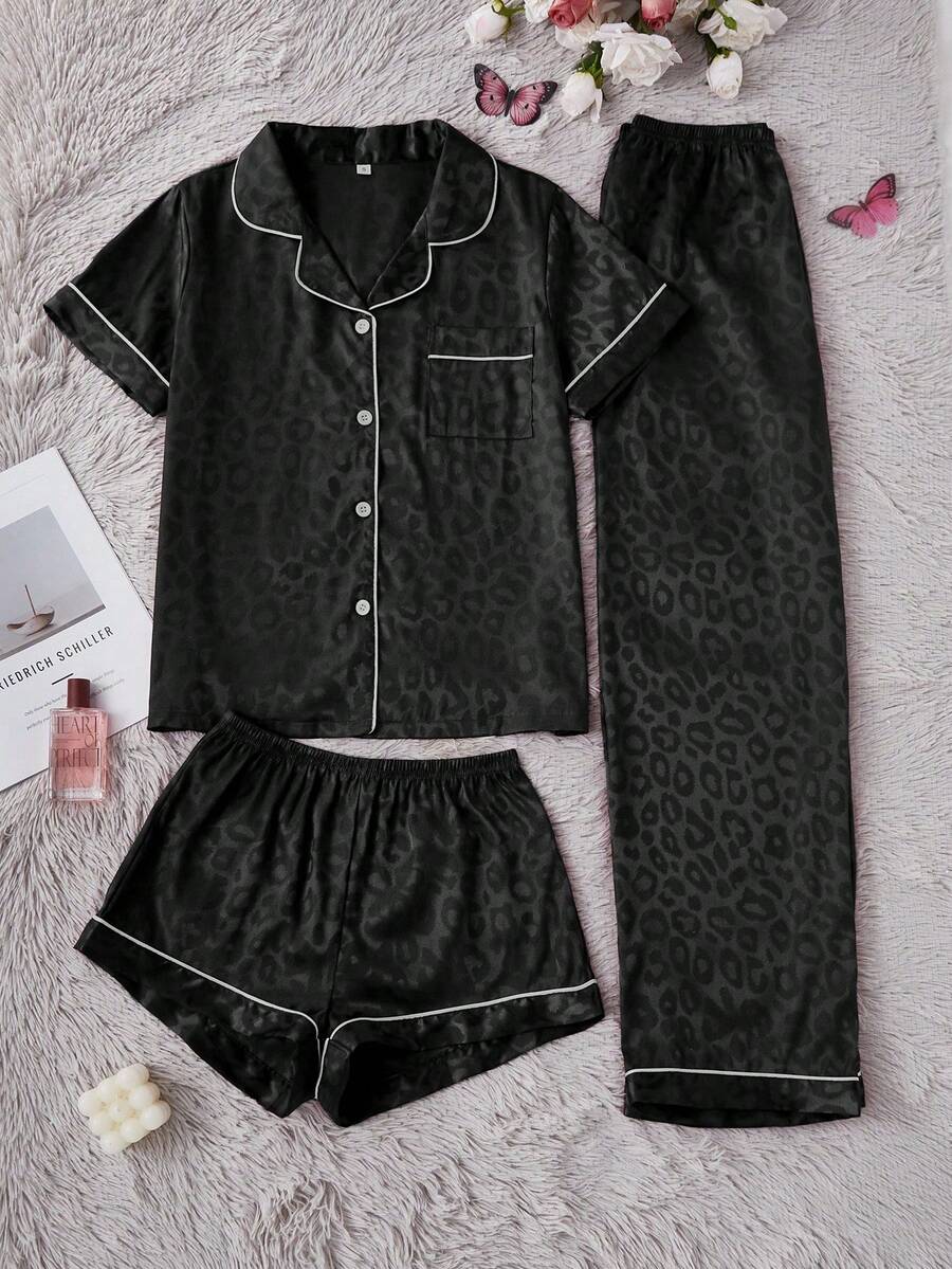 LuxeNights 3pcs Women Elegant Leopard Jacquard Collar Short Sleeve Shorts & Long Pants Faux Silk Pajama Set - Black - View 1