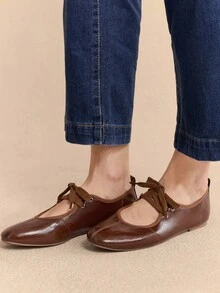 Rosivie 女士新款黑色圆头平底鞋，弹力皮革时尚芭蕾平底鞋，舒适防滑外底，适合户外、日常通勤、春夏季 - 鏽棕色 - 查看 4