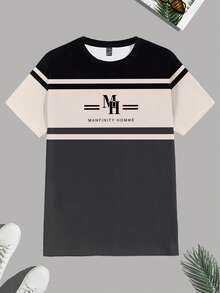 Manfinity Homme 黑灰条纹拼接时尚休闲印花男士标准版型短袖T恤 - 彩色 - 查看 2