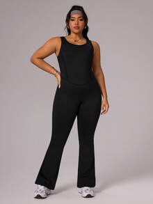 Rhythm Era 大码女式黑色无袖连体裤，高腰U领U型露背设计，适合休闲、健身、瑜伽、跑步、春夏穿着。