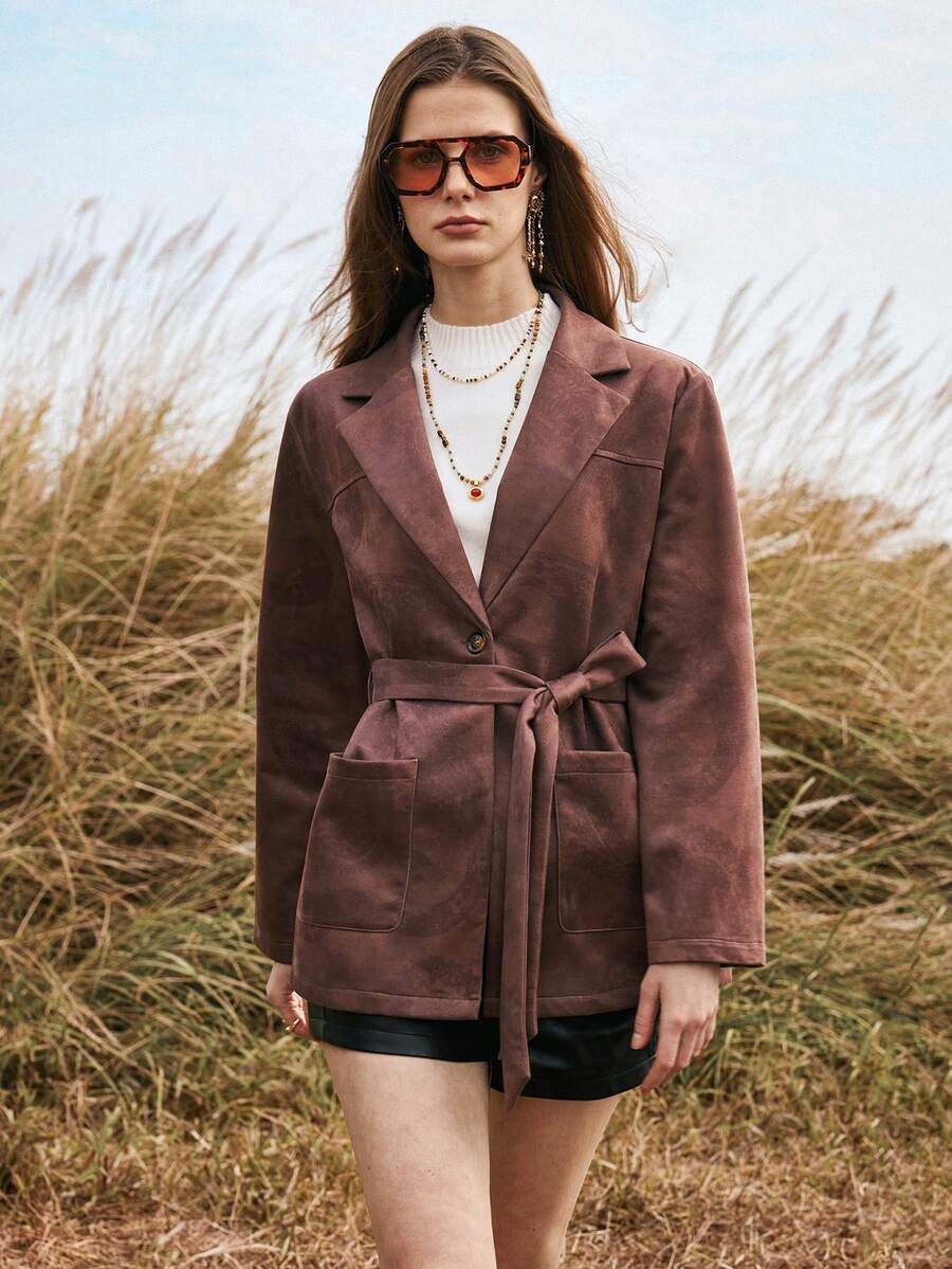 Chiquease Women's Autumn/Winter Outerwear Bohemian Suede Print Cinched Waist Jacket Brown Blazer Women - Brown - View 1