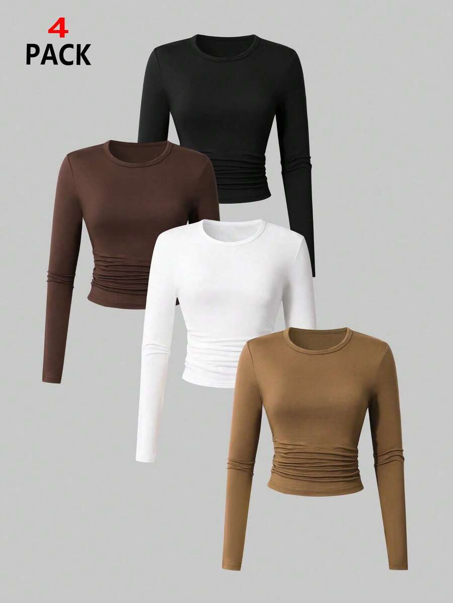 Sparklyn 4pcs/Set Teen Girls' Casual Solid Color Round Neck Long Sleeve Ruched Waist Fitted Versatiley T-Shirt - Multicolor - View 1