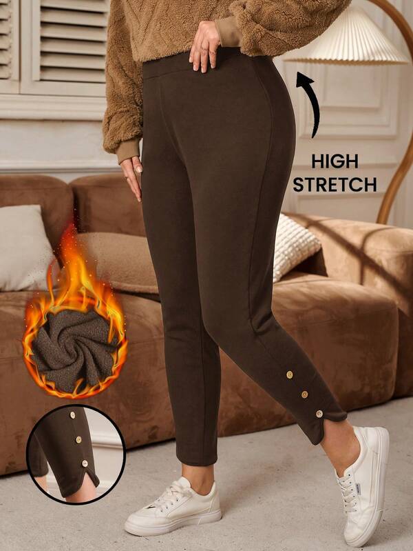 EMERY ROSE Pantaloni casual/da lavoro da donna taglie forti in vita alta, colore unito, con fodera termica, decorazione con bottoni e orlo spaccato, vestibilità slim, adatti per l'autunno/inverno