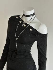 EgrlEra Vestido mini asimétrico con ojales de metal de moda para fiesta - Negro - Ver 5