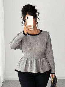 Elenzga 女士休闲圆领荷叶边长袖宽松毛衣，修身大码春季套头衫 - 灰色 - 查看 5