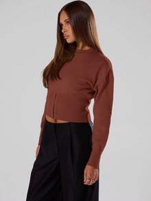 MUSERA 柔软针织收腰套头衫，春季Y2K 90年代休闲可爱基础款，适合假日、机场、夜间外出、冬季日常、晚宴、派对等场合，优雅百搭。 - 咖啡棕 - 查看 3