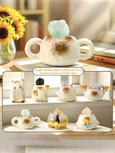 Zazumi 1/6PCS Cat Power Mystery Box Series Collectible Figurine Hand Carved Genuine Crystal Natural Stone Desktop Decor Cartoon Cat Sculpture Office Stress Relief Creative Gift
