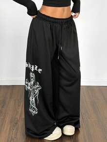 StreetHx 女式街头时尚宽松黑色朋克印花运动裤 - 黑色 - 查看 6